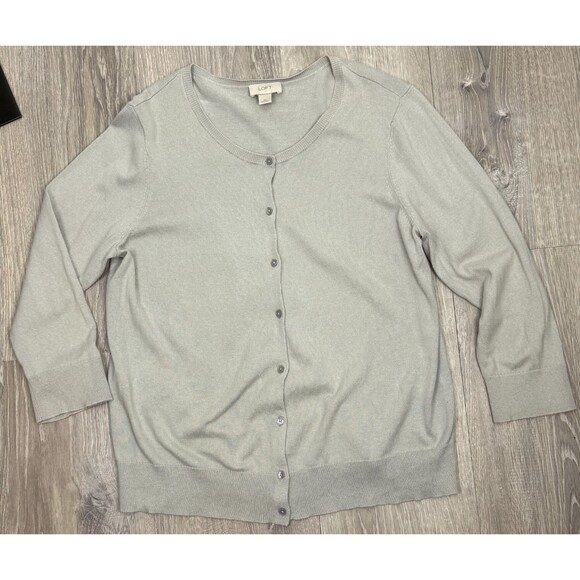Ann Taylor Loft Cardigan XL Gray Cotton 3/4 Sleeve Preppy Sweater Cottagecore - Picture 1 of 5